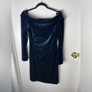Eliza J navy blue Boatneck Off Shoulder Velvet dress